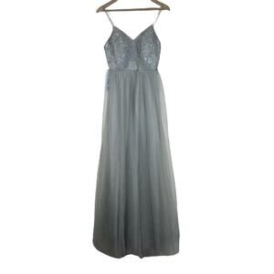 NWT Azazie Layla Gown Womens 6 Silver Tulle Lace Maxi Wedding Guest Bridesmaid